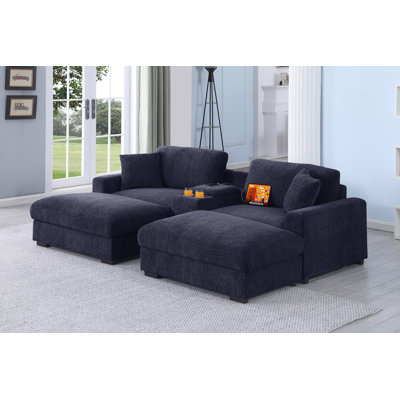 Upholstered Chaise Sleeper Sofa With Cup Holder Console & Ottomans