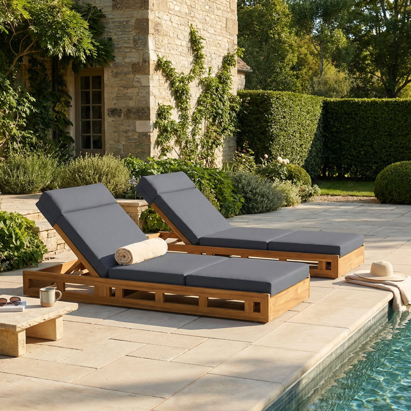Hofstetter Patio Adjustable Acacia Wood Patio Chaise Lounge With Cushion, Dark Gray, 2