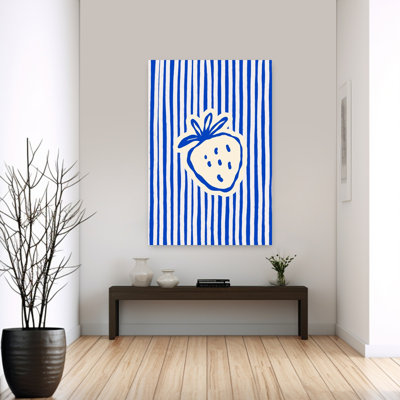 «Blue Striped Strawberry Minimalist Modern Rustic Fruit Summer», reproduction d'art murale