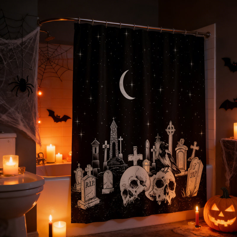 Ensemble de rideau de salle de bain en tissu de polyester imperméable crâne gothique avec crochets 71 po x 71 po Halloween, décoration de baignoire effrayante pour la fête d'Halloween