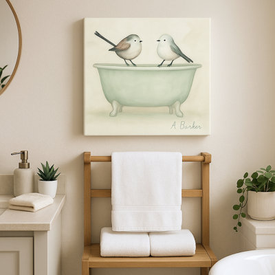 “Bird Bath Buddies” – Whimsical Bathroom Canvas Wall Art