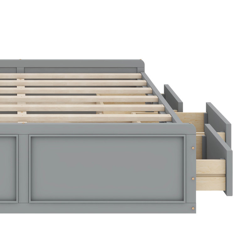 Structure de grand lit en bois avec six tiroirs intégrés, Gris