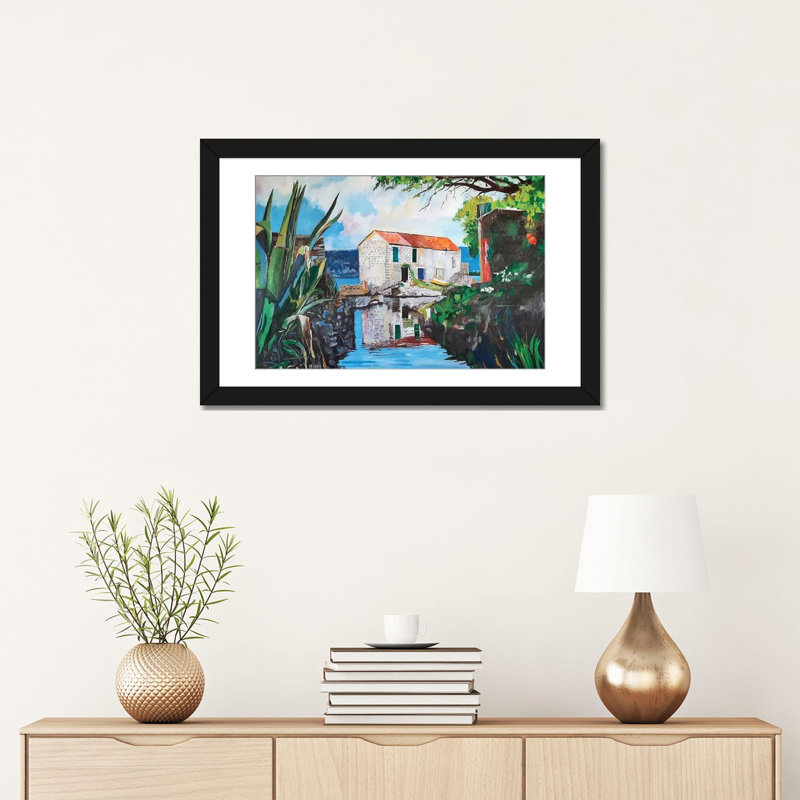 Reproduction d'art de maison méditerranéenne en pierre - papier d'art encadré, 24 po x 16 po, Papier encadré, Black