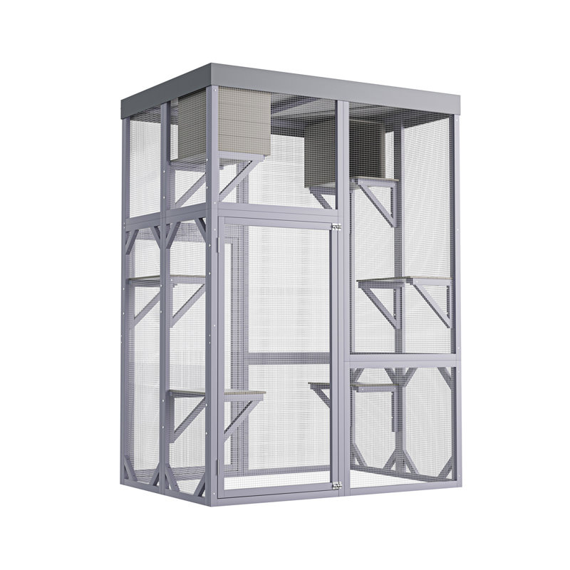 Catio d'extérieur en bois - Enceinte d'extérieur pour chat à plusieurs niveaux avec 4 plateformes, 2 maisons pour faire la sieste, 2 serrures solides, coins arrondis, parc pour chat en bois massif spacieux