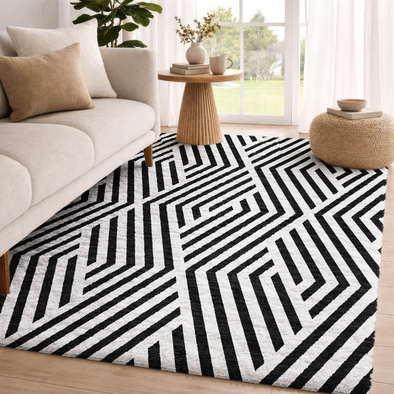 Premium Machine Washable Dream Shag ADS550 Geometric Rug, 10' x 14', Black