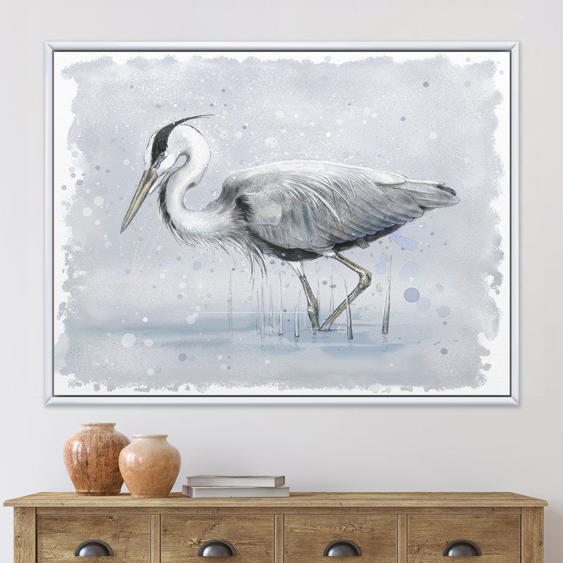 Héron cendré gris - peinture sur toile, H 12 po x l 20 po x p 1 po, Cadre blanc