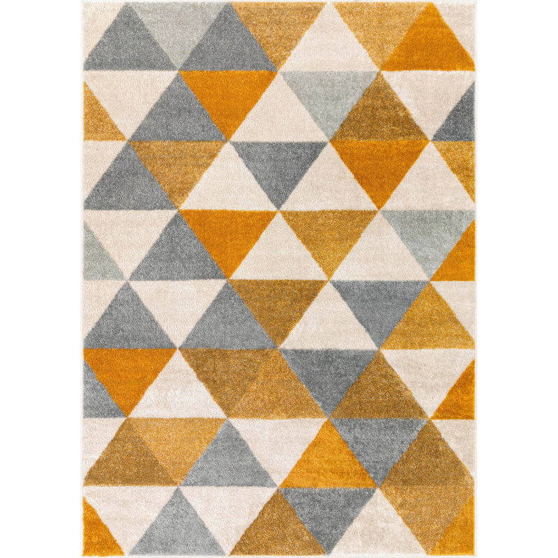 Tapis blanc / jaune à motif géométrique moderne Rubino, Rectangle 5 pi 3 po x 7 pi 3 po