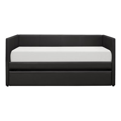 Black Faux Leather Daybed With Pull-out Trundle, Wood Frame For Contemporary Study Room Modern Upholstery And Build