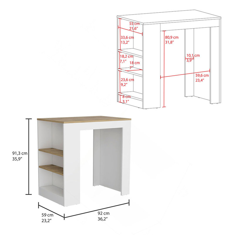 Portree Kitchen Island with 3-Side Shelves, Natural/White