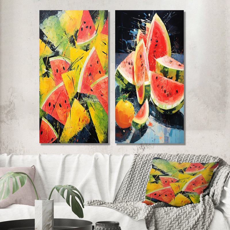 «Red Vibrant Watermelon Palette I», ensemble de 2 reproductions d'art mural Melon, Toile tendue, H 28 po x l 25 po