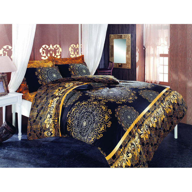 Ensemble de housse de couette simple, noir et jaune avec accents beiges et bruns, housse de couette 63 x 87, drap plat 63 x 94, taie d'oreiller 20 x 28 | 50% coton, 50% polyester, 127 fils, lavable à la machine, conception élégante