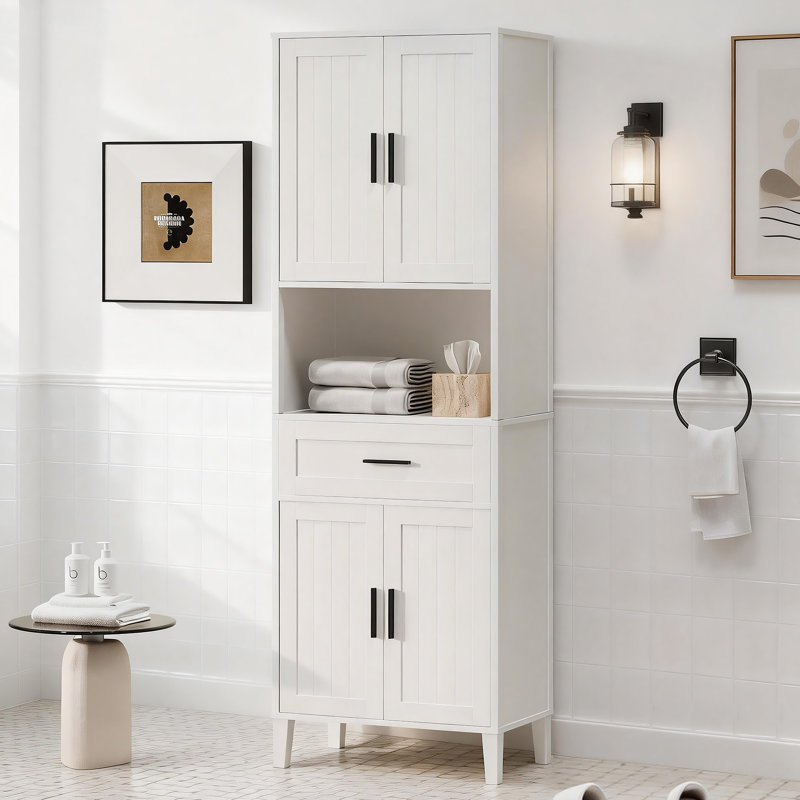 Freestanding Tall Bathroom Storage Cabinet With Drawer, 2 Cabinets, 4 Soft-Close Doors, And Open Storage Organizer, White