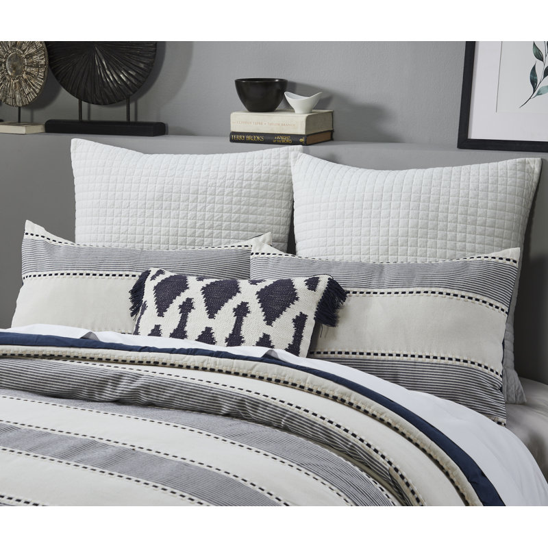 Ivory and Navy Striped Microfiber Queen Comforter Set