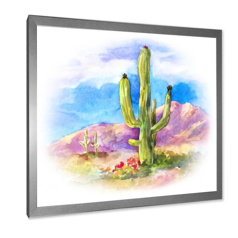 Cactus carnegiea dans le dessert - on, H 36 po x l 36 po x P 1,5 po, Toile argentée avec cadre photo