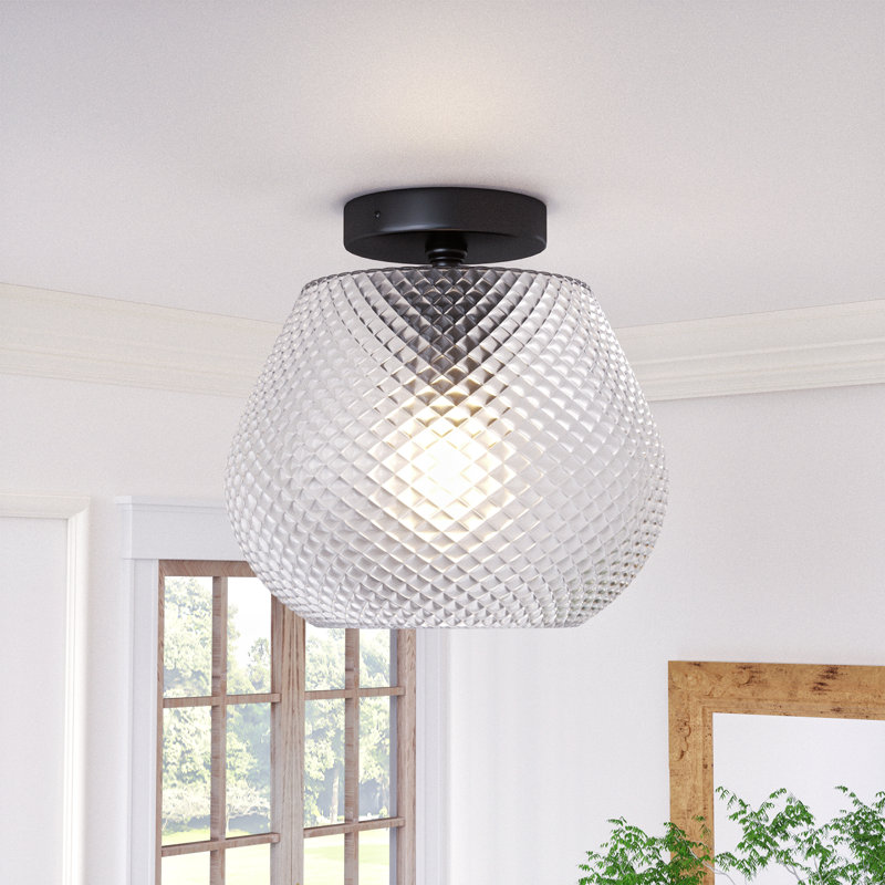 Ruthila 9.75'' 1 Light Matte Black Modern Simple Clear Texture Glass Semi Flush Mount Lighting For Hallway, Matte Black