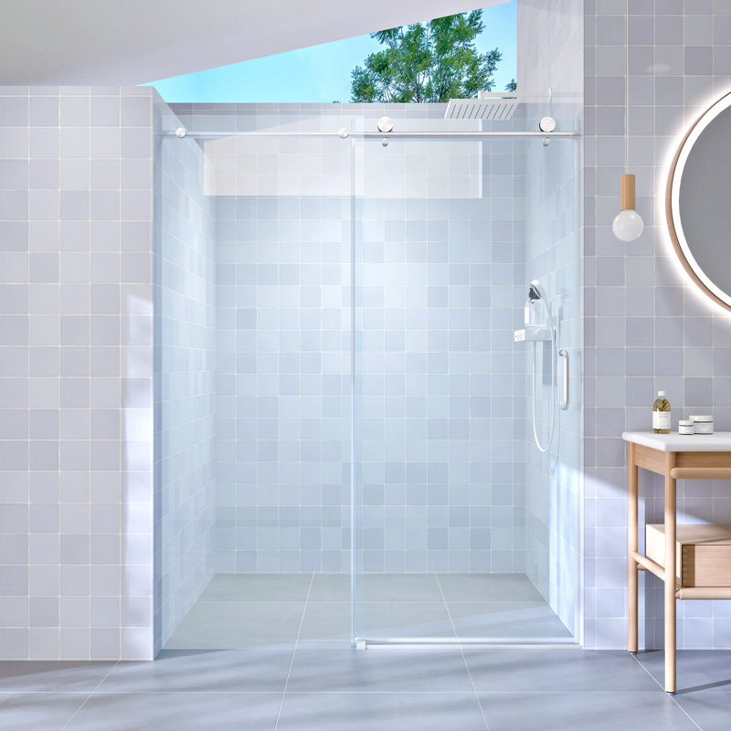 56" - 60" W X 76" H Single Sliding Shower Door, Frameless Bathroom Sliding Door With 1/4" (6Mm) Tempered Glass For Walk-In Shower