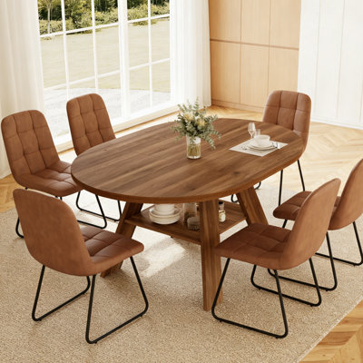 Ensemble de table de salle à manger extensible 43,2 "à 59,1", table de cuisine ronde Mid-Century en bois, table basse en noyer pour 8 personnes, fauteuil en cuir