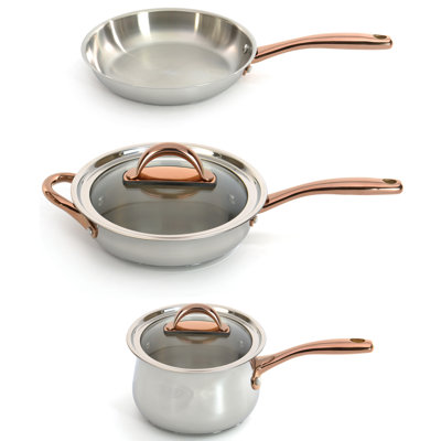 BergHOFF Ouro Gold 18/10 Stainless Steel 4Pc Starter Cookware Set with Rose Gold Handles, Glass Lids