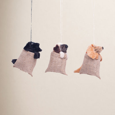3 Piece Dog in Feed Sack Buri Hanging Figurine Ornament Set