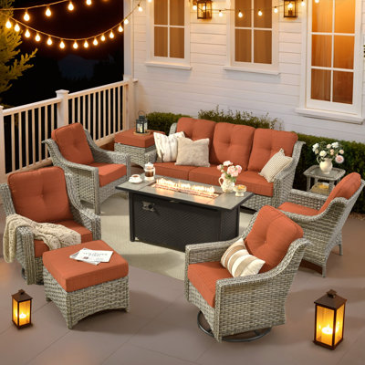 9 - Person Patio Furniture Set with Swivel Rockers, Outdoor Wicker Rattan High Back Seating Group with Cushions, All Weather Sofa Conversation Set with Fire Pit Table for Garden Backyard