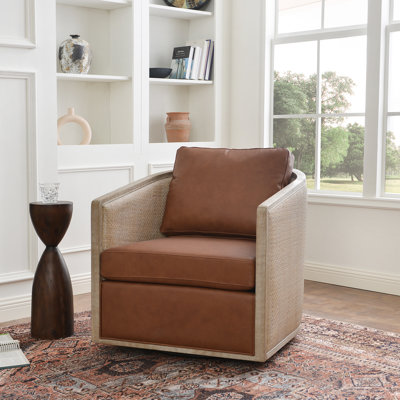 Genuine Leather Oak Wood Cane Swivel Barrel Chair