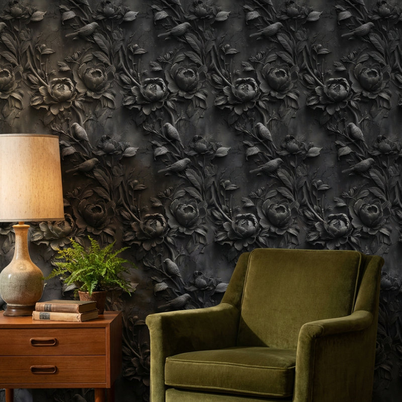 Floral Wallpaper Birds Textured Decorative Mural, Non-Woven Non-Pasted
