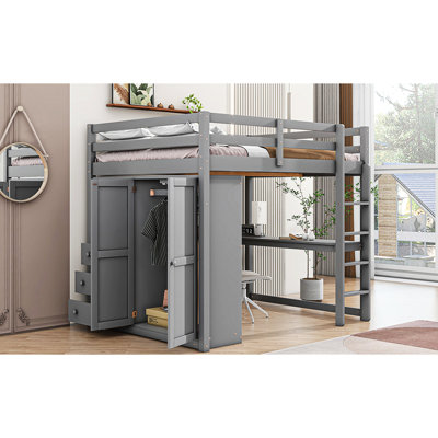 Full Size Loft Bed In Gray With Integrated Wardrobe, Desk, And Storage Spacious Options