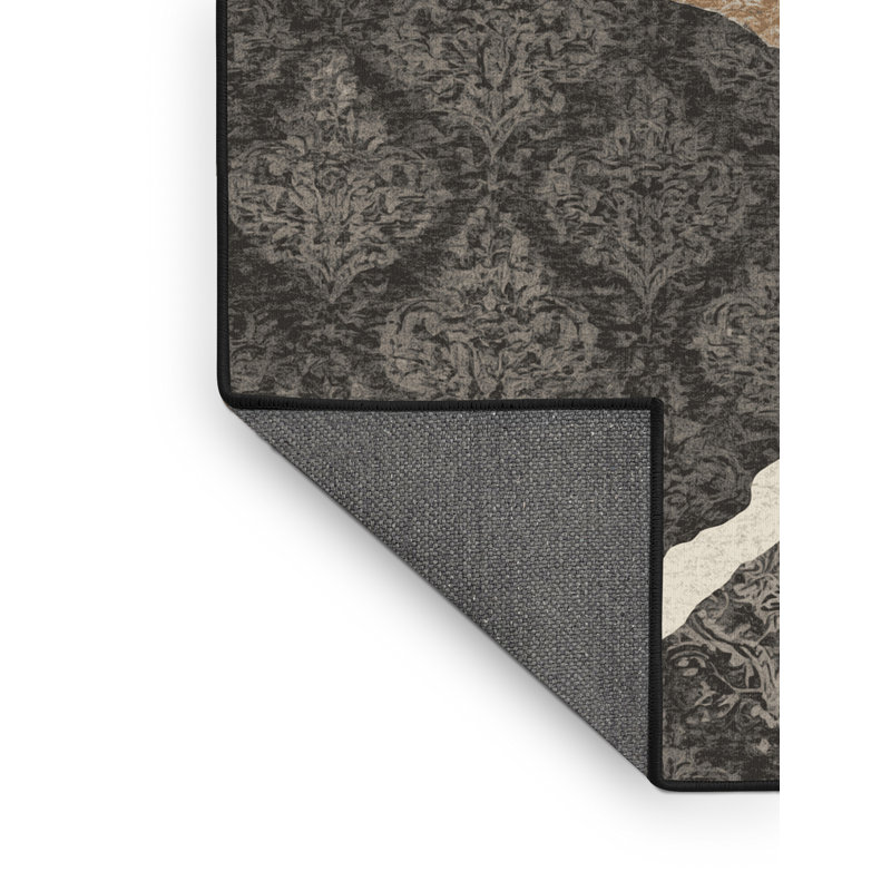 Tapis doux moelleux en damas classique noir - reliure noire, 7 x 9