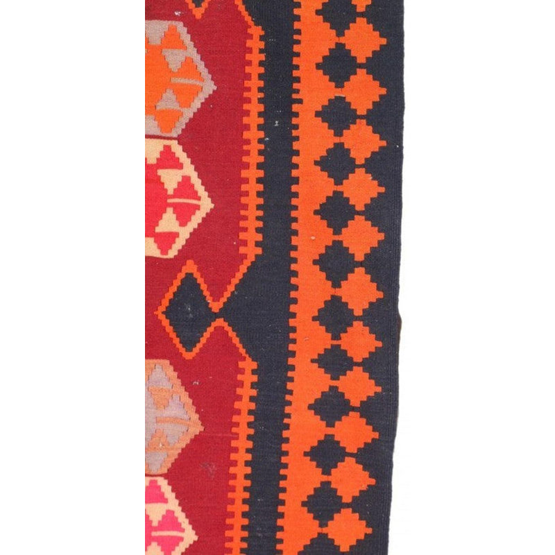 Tapis orange / rouge / noir en coton / laine à motif géométrique fait à la main 4 pi 9 po x 12 pi 4 po