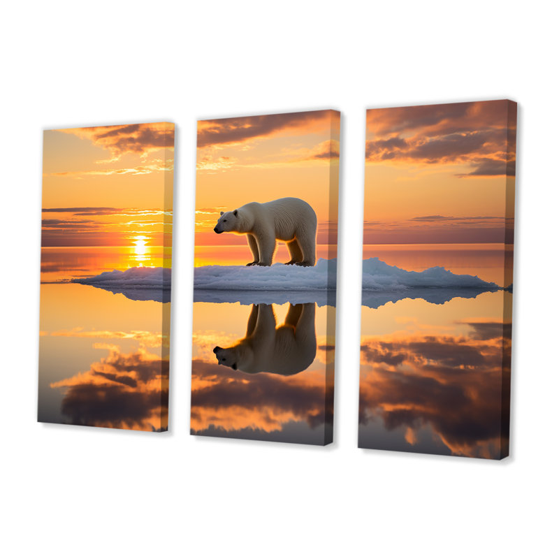Ours polaire sur l'iceberg, coucher de soleil rose - ours, ensemble d'art mural, Toile tendue, H 40 po x l 60 po x P 1 po