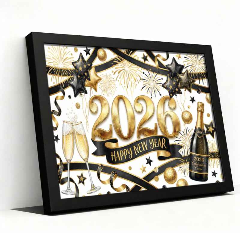Ensemble de 1 toile tendue « Bonne année 2026 » or et noir, H 12 po x l 18 po