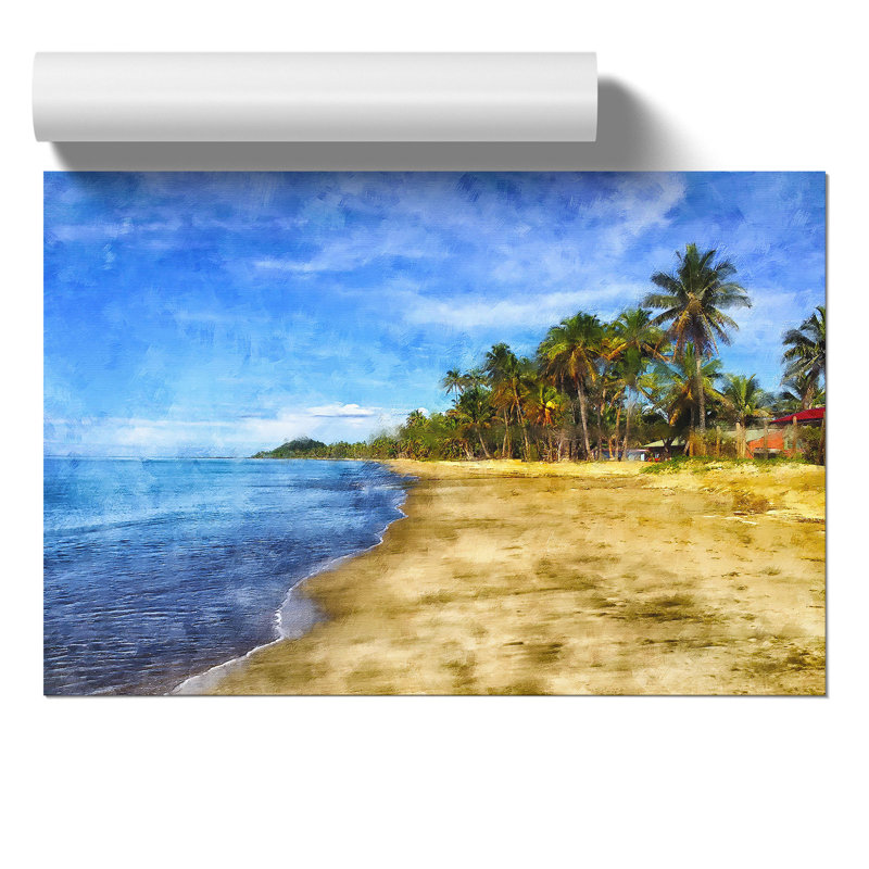 Palm Tree Beach Painting - Frameless Print, 30cm H x 42cm W x 0.1cm D