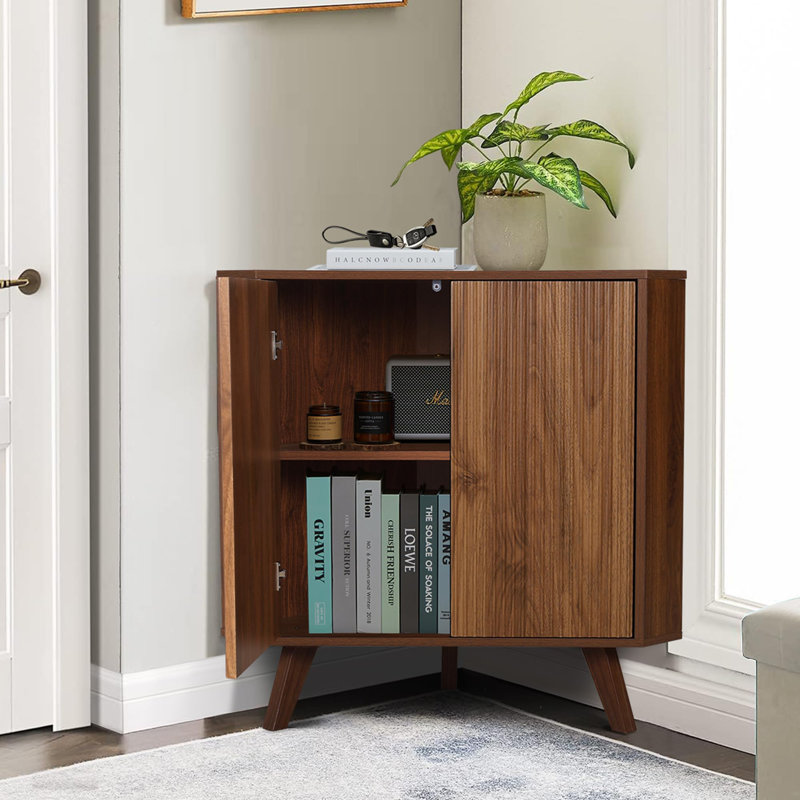 Japria 2 Door Corner Accent Cabinet, Walnut