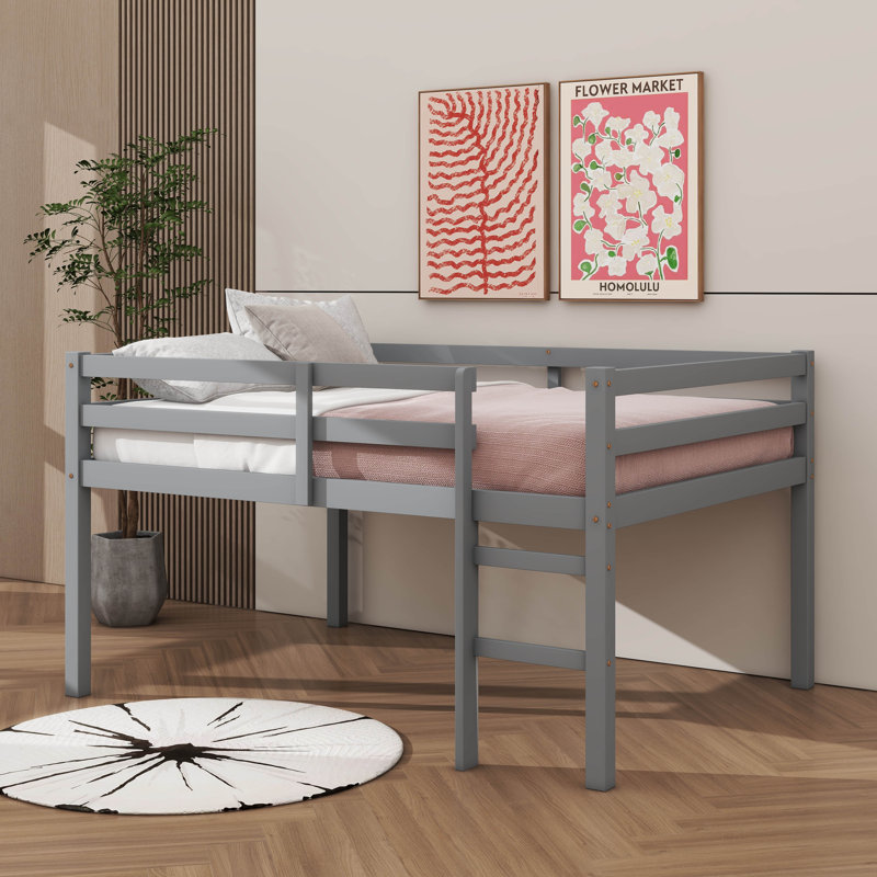 Full-Sized Bed Frame, Short Rubberwood  Loft Bed With Steps, Gray