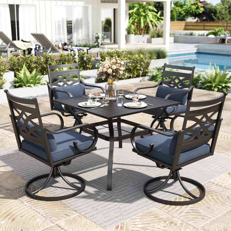 4 - Person Rectangular Outdoor Dining Set With Swivel Dining Chairs, Cushions & Pillows, Blue
