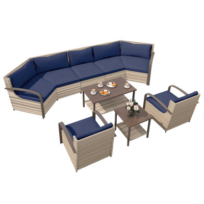 Ensemble de mobilier de patio 7 places, canapé 7 pièces en osier avec 2 fauteuils, table basse double et table de bout