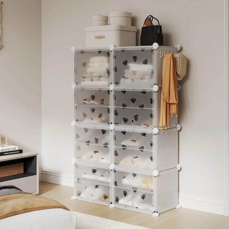 Range-chaussures extensible à 8 niveaux avec porte - Armoire de rangement modulaire pour chaussures avec tablettes en PVC, empilable, anti-poussière, peu encombrante, peut contenir 32 paires, pour l'entrée, le couloir, le placard, la chambre à coucher