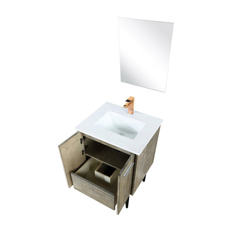 24 po W, meuble-lavabo rustique blanc, comptoir en quartz blanc, robinet simple de contrôle en or rose et meuble-lavabo de 18 miroirs avec comptoir, arrondi