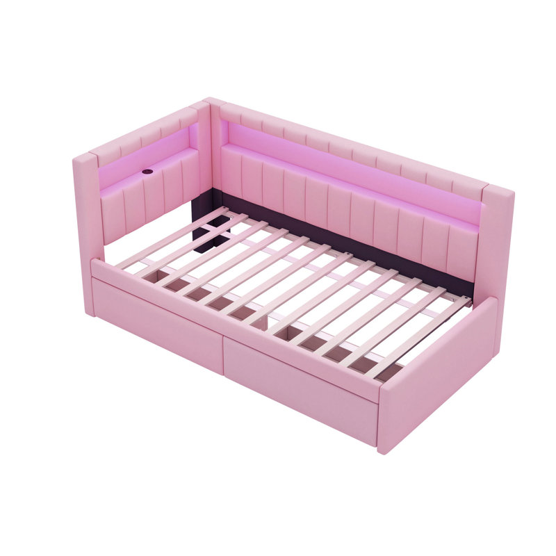 Upholstered Twin Size Platform Bed with USB Ports and LED Belt, With 2 Drawers, Pink