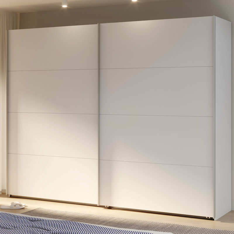 Modern Wardrobe with 2 Sliding Doors, Engineered Wood, White, 210.5cm H x 269.8cm W x 61.2cm D, Chrome