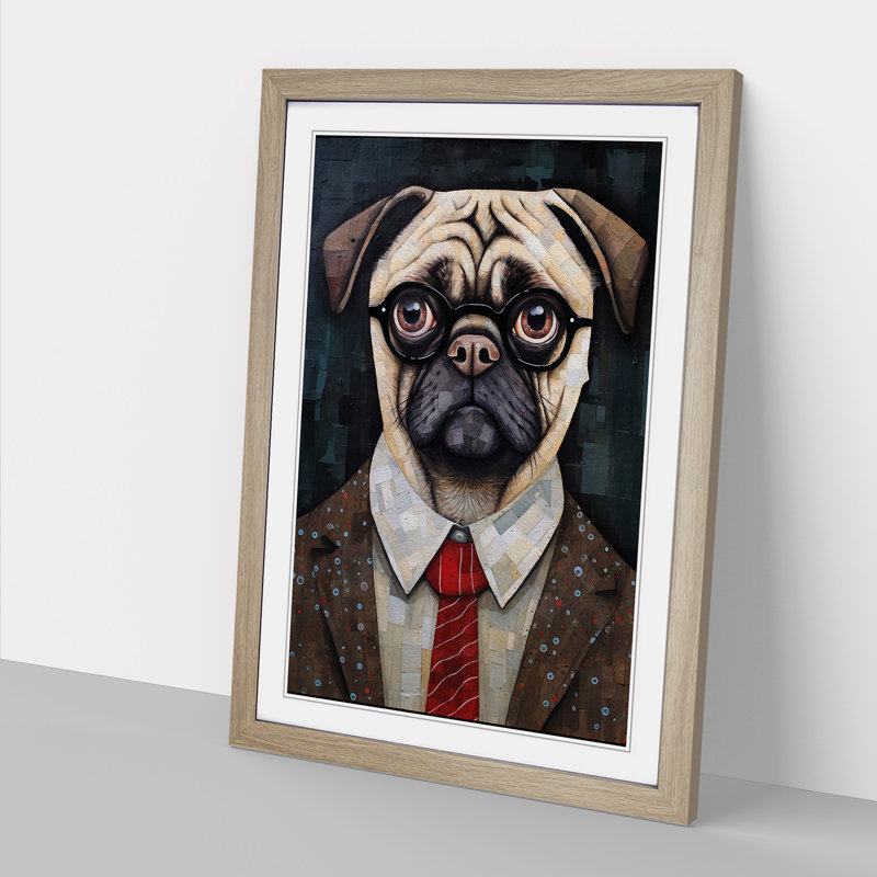 Pug Dadaism - Single Picture Frame Print on Wood, 64cm H x 46cm W x 2cm D, Oak