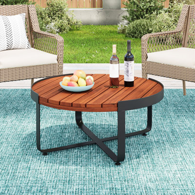 Table basse d'extérieur avec structure en bois et en métal, finition, 31,94 po de largeur, 14,44 de hauteur, décor avec abat-jour, dimensions, convient aux sièges