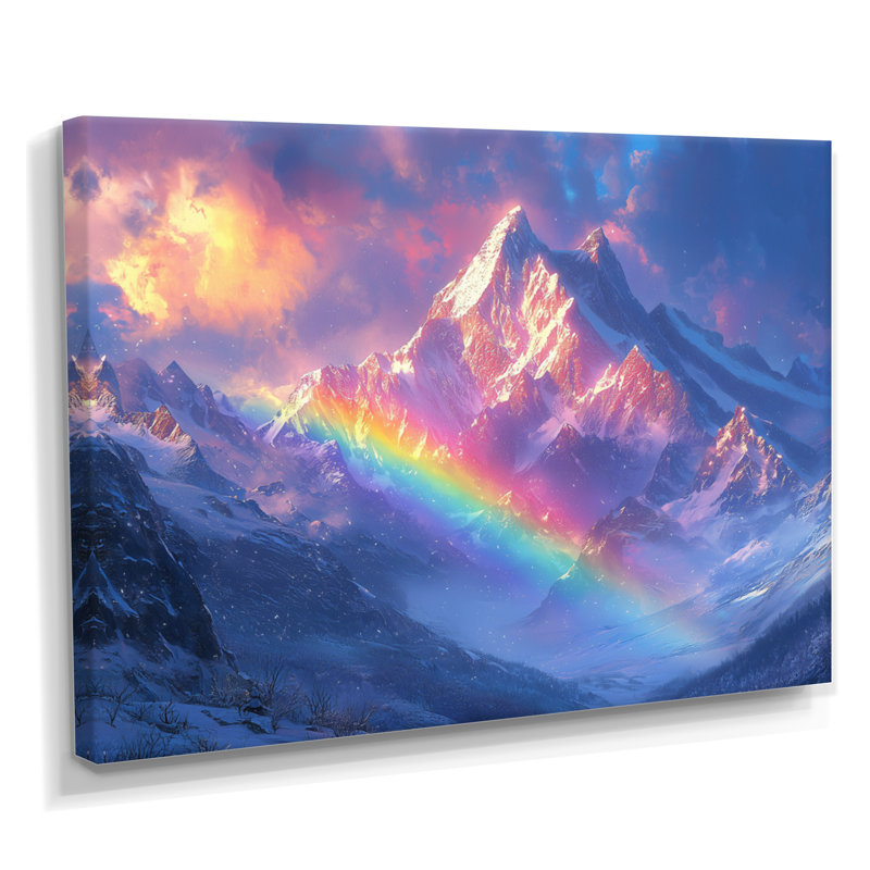 Arc-en-ciel et les montagnes enneigées II - art mural arc-en-ciel, H 12 po x l 20 po, Toile tendue