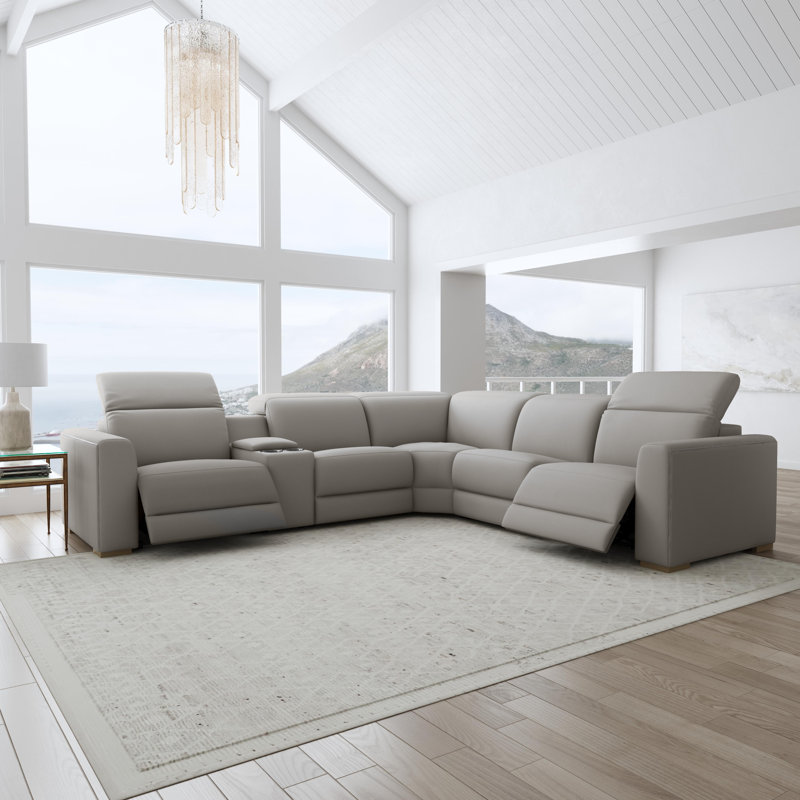 Celeste 5-Seat Power Reclining Sectional With Adjustable Headrests, Gray Leather