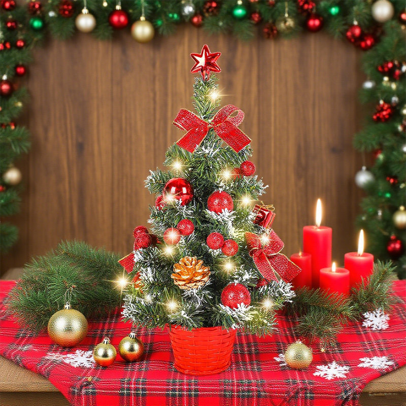 Petit arbre de Noël de 45 cm avec lumières, mini arbre de décoration de bureau avec sommet d'arbre en forme d'étoile, boules, arcs, pommes de pin pour bureau à domicile, bar, décorations de Noël