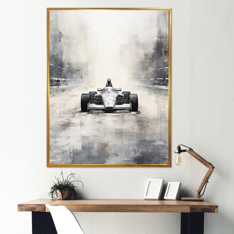 Gris, voiture de course rétro II, Cadre flottant doré, 44" H x 34" W
