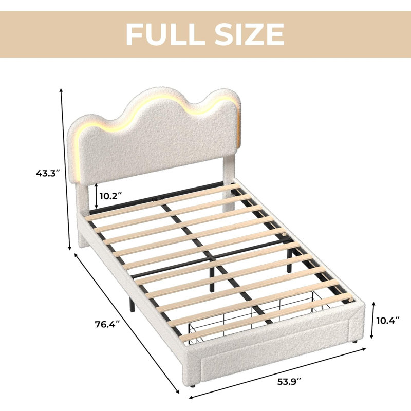 Upholstered Princess Platform Bed Frame with LED Lights, Flower-Shaped Headboard & Storage Drawers, Boucle Fabric Kids Bed, No Box Spring Required