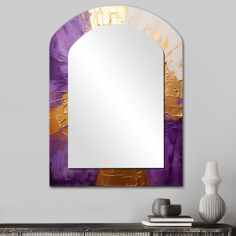 Gold And Purple Lunar Vector I - Abstract Painting Asymmetrical Decorative Mirror, Modern Arch Wall Mirror, Printed Metal Art