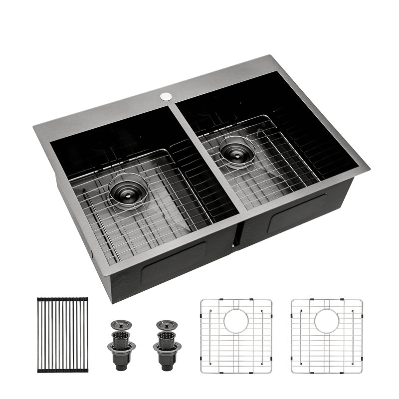 Évier de cuisine à double cuve à montage sur plan - Évier de cuisine à double cuve en acier à canon noir de calibre 16 avec deux cuves profondes de 33 po x 22 po