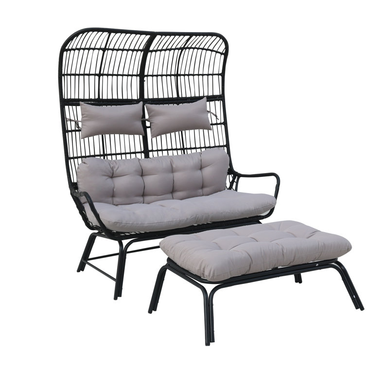 2 Person Indoor Outdoor Egg Chair W/ottoman, Black, Light Gray